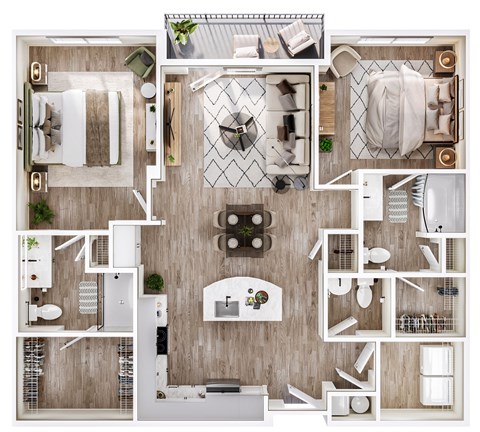 A top-down view of a small apartment layout with a kitchen, living room, and bathroom.